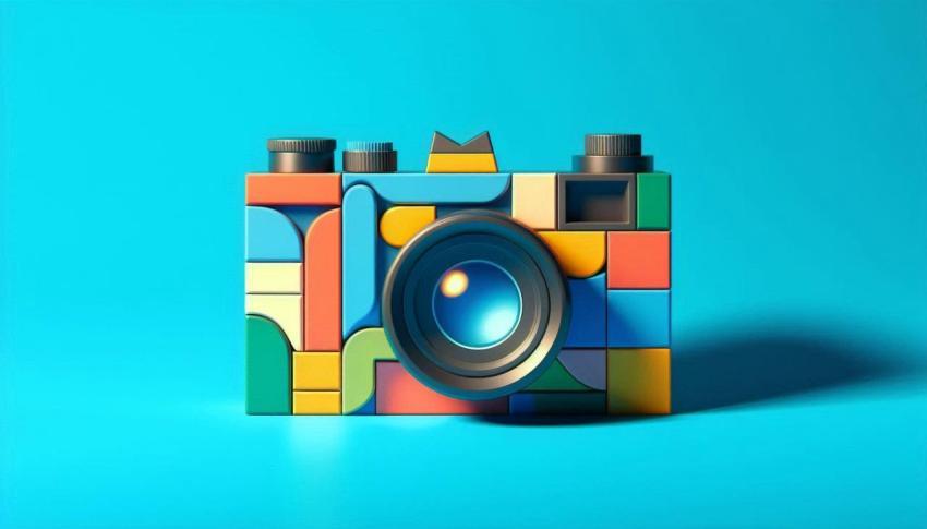 Front view of a colorful camera in a cubist style